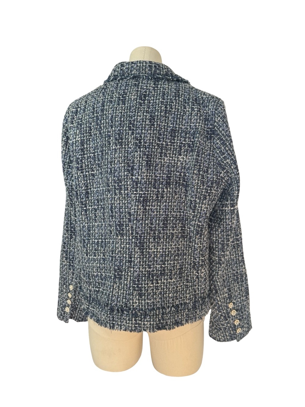 Nanette Lepore Blue‎ Tweed Jacket Women’s  Frayed Trim Metallic Blazer  Coat - Picture 5 of 9
